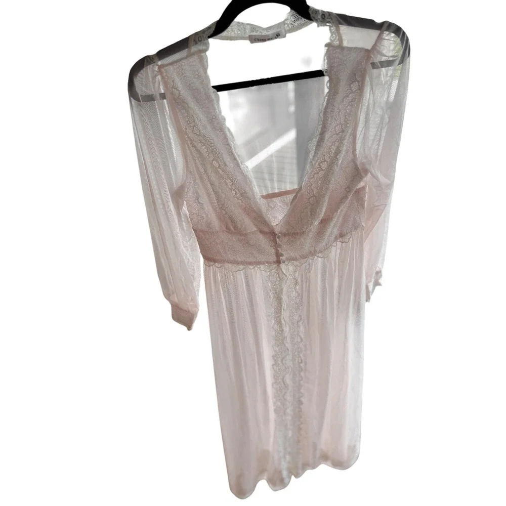 Chong mu Pink Sheer Mesh Lace Trim Maxi Robe Bridal Lingerie XL Long‎ Sleeve